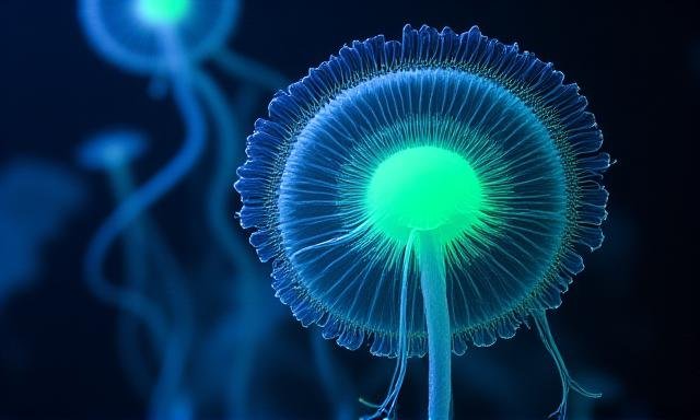Bioluminescent creatures in the dark sea