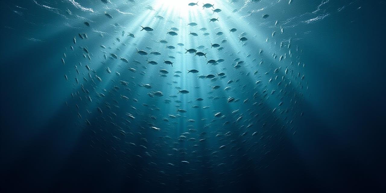 A biological school of fish moving in perfect unison through deep blue water