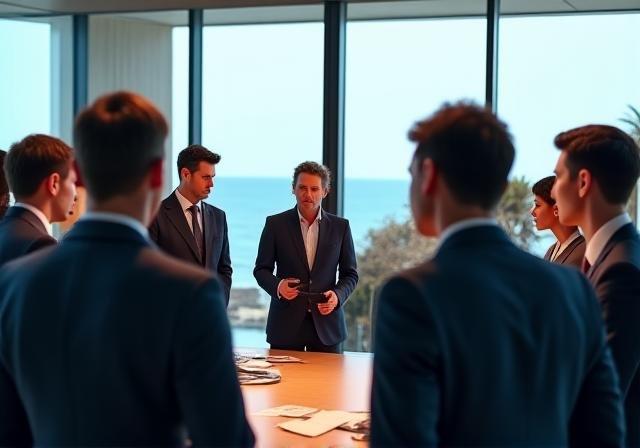 Professionals in a modern glass-walled boardroom engaged in a trust-building exercise