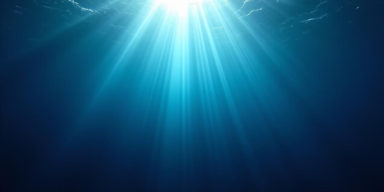 A serene deep sea landscape with a subtle light beam piercing the dark blue water