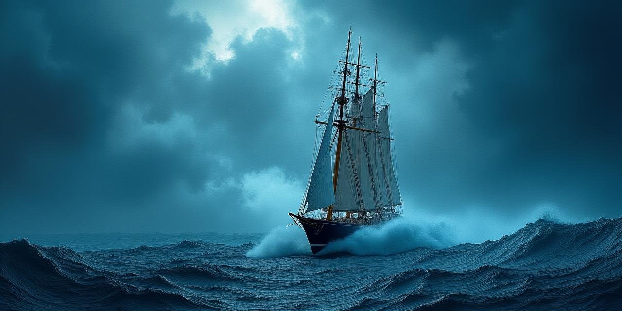 A majestic sailing vessel navigating through a dark, turbulent ocean storm with dramatic lighting