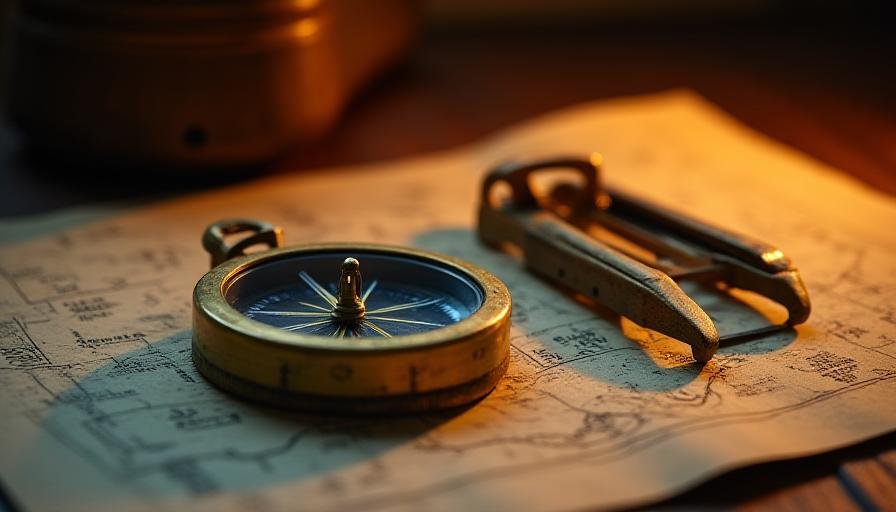 A close up of a nautical compass and map on a wooden table in low light, representing strategic planning