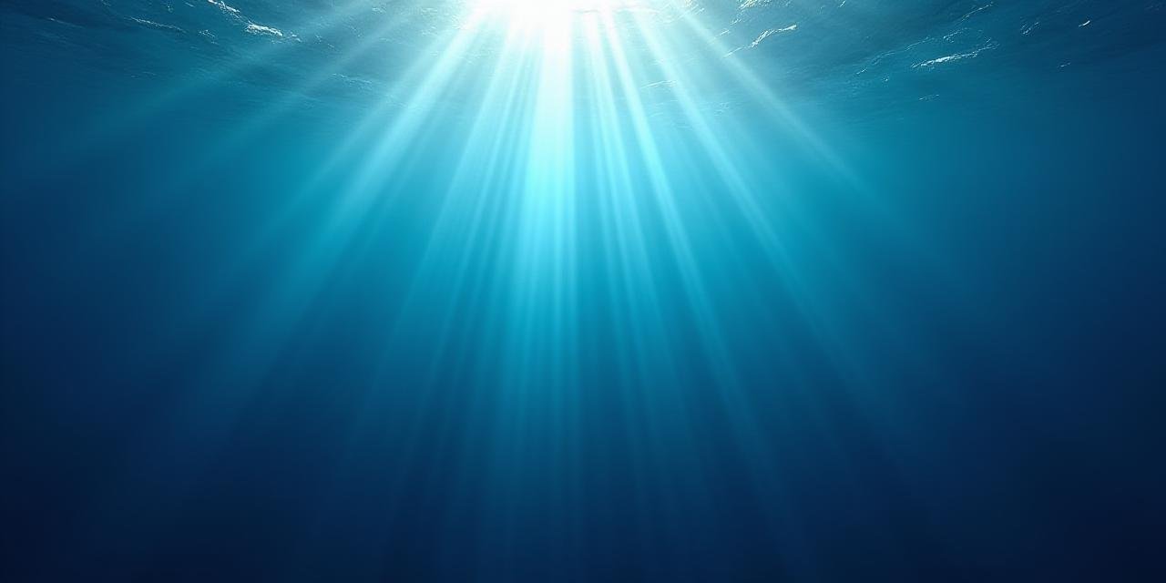 A visionary leader looking over a deep blue horizon with light rays piercing through the water